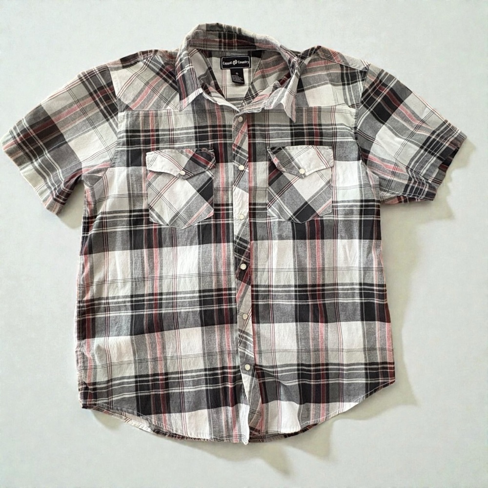 Casual Country Shirt Men's XL Black White Red Button Up Plaid Western Pearl Snap